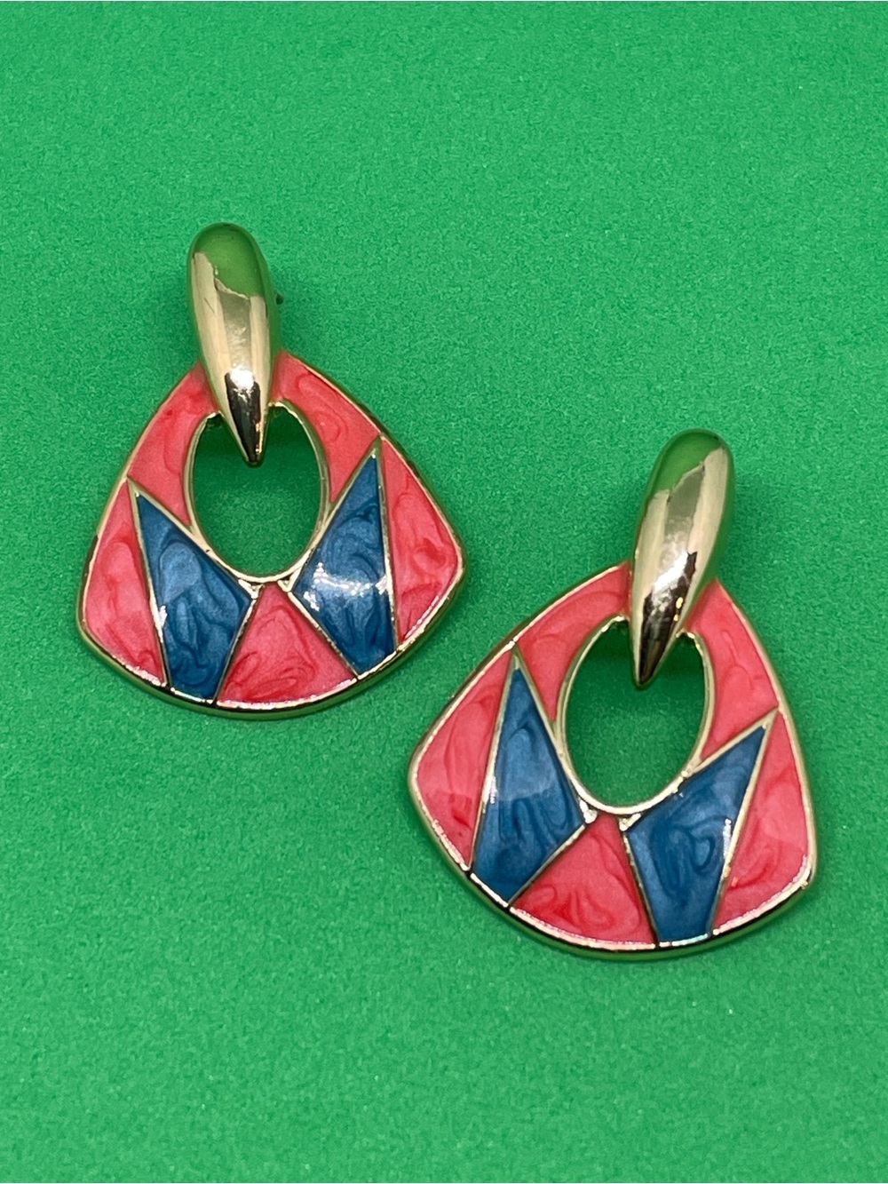 Gold-Top Pink and Blue Enamel Drop Earrings